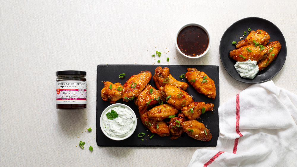 Gluten-Free Baked Thai Chili Guava Chicken Wings with Cucumber Raita with Thai Chili Guava Jam Gluten-Free Baked Thai Chili Guava Chicken Wings with Cucumber Raita with Thai Chili Guava Jam